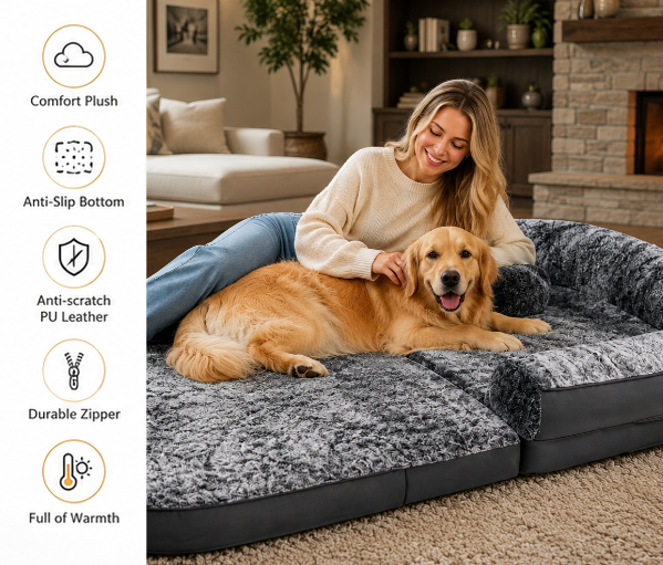 Luxury Human-Size Dog Bed – 180cm Orthopedic Foldable Lounger with Ultra-Soft Plush Cover