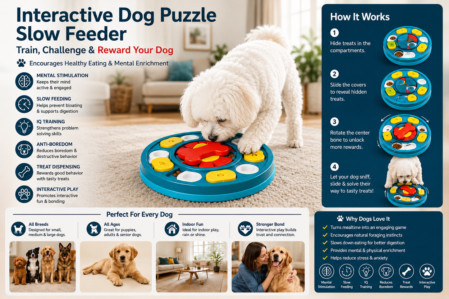 Interactive Dog Puzzle Slow Feeder Bowl – IQ Training Food Dispenser