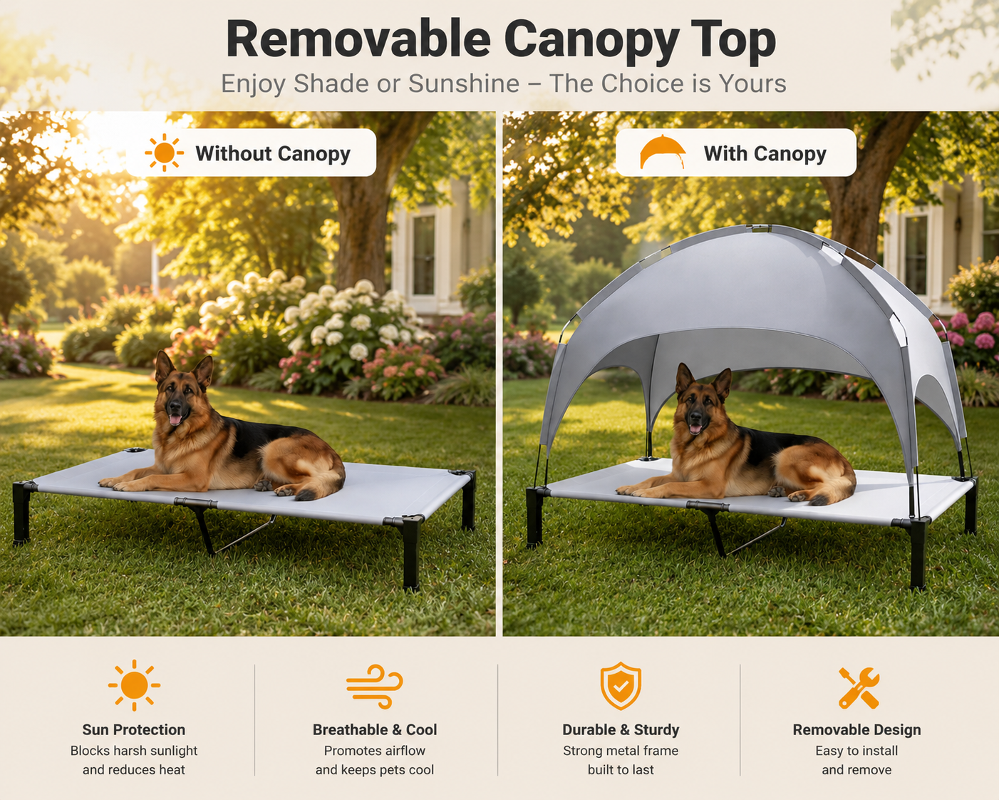 Elevated Dog Bed with Canopy – Cooling Portable Pet Cot for Indoor & Outdoor Use