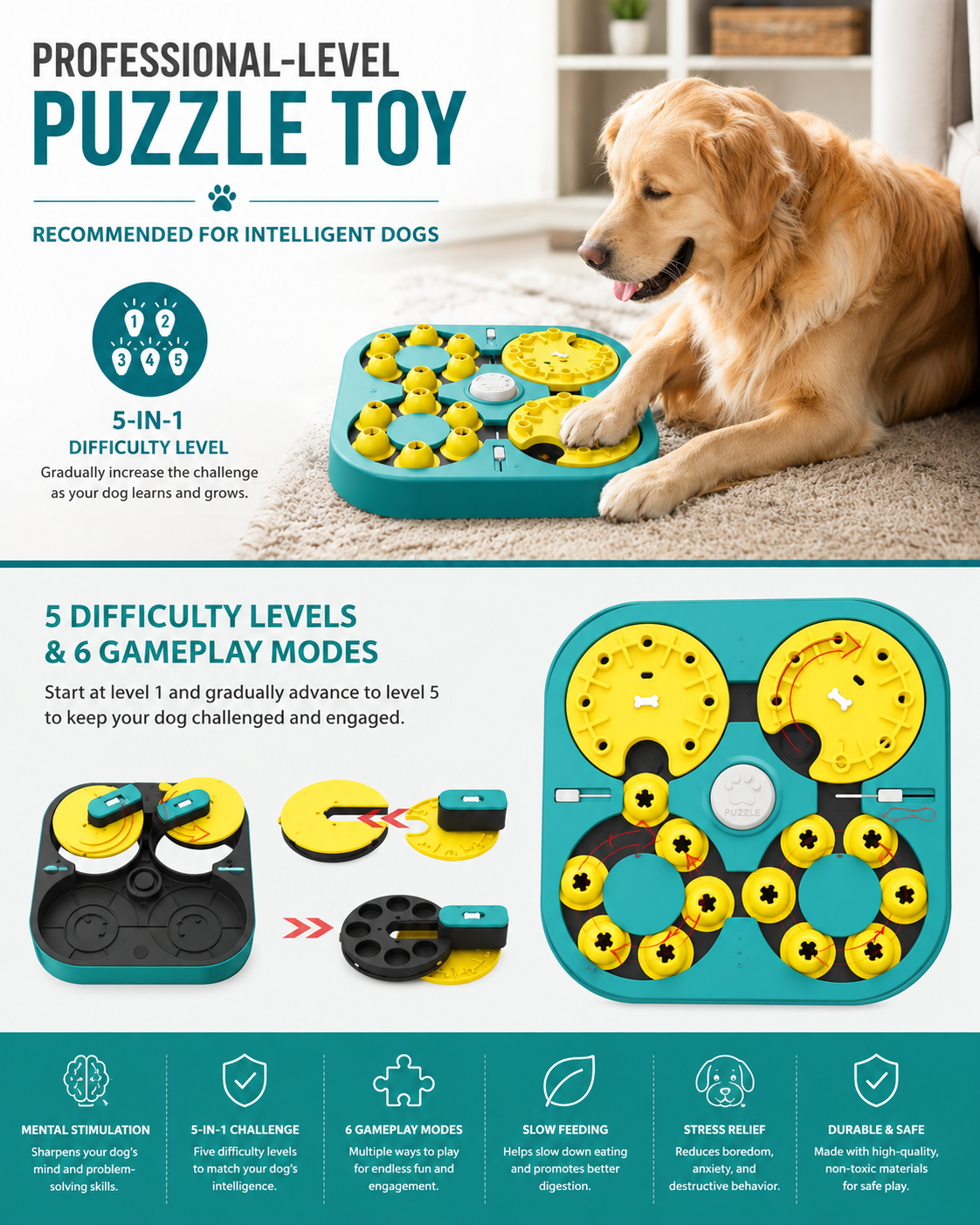 Level Dog Puzzle Toy– 6-in-1 Mental Stimulation Game for Smart Dogs