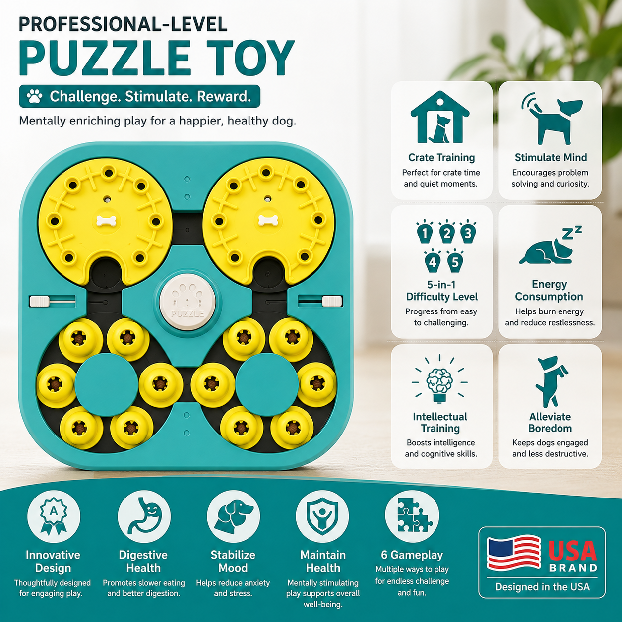 Level Dog Puzzle Toy– 6-in-1 Mental Stimulation Game for Smart Dogs