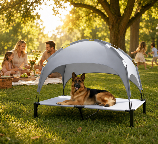 Elevated Dog Bed with Canopy – Cooling Portable Pet Cot for Indoor & Outdoor Use